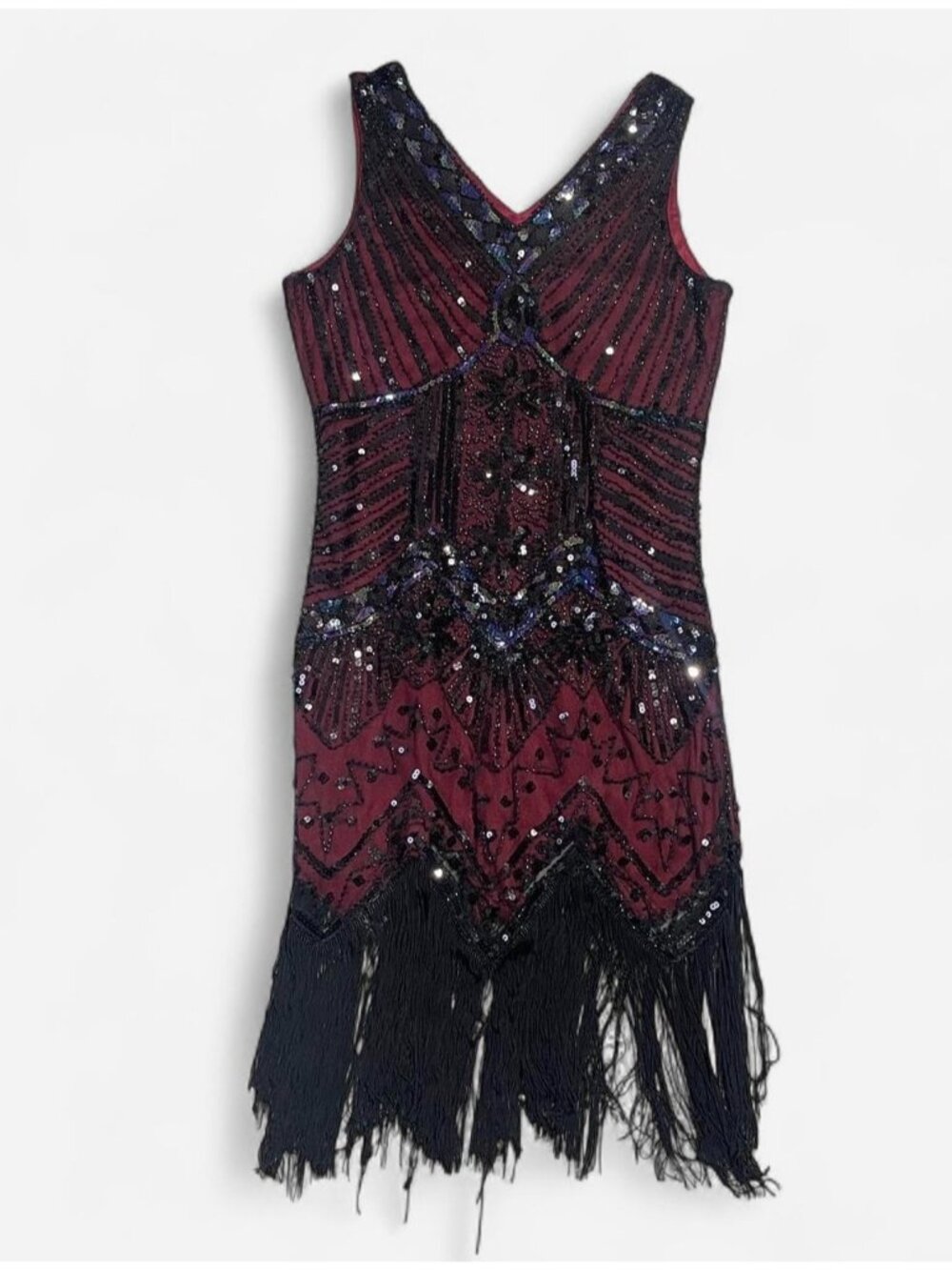 AMJM burgundy black beaded sequin fringe dress